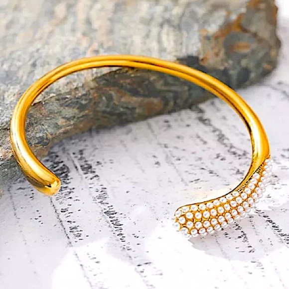 Luxury Pearl Irregular Bangle Cuff Edgy Geometric Gold Plated Women’s - Picture 4 of 9